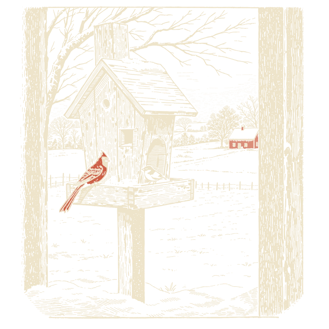 Woodcut of a cardinal on a feeder in a snowy yard