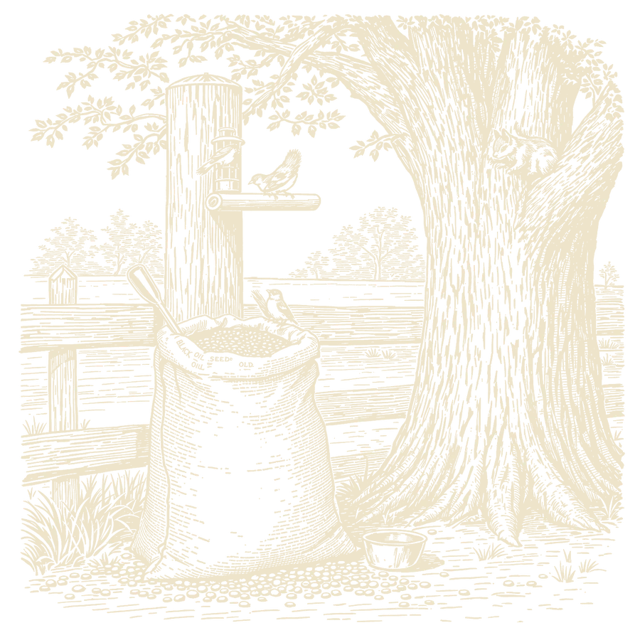 Woodcut of a seed sack under an oak beside a feeder post