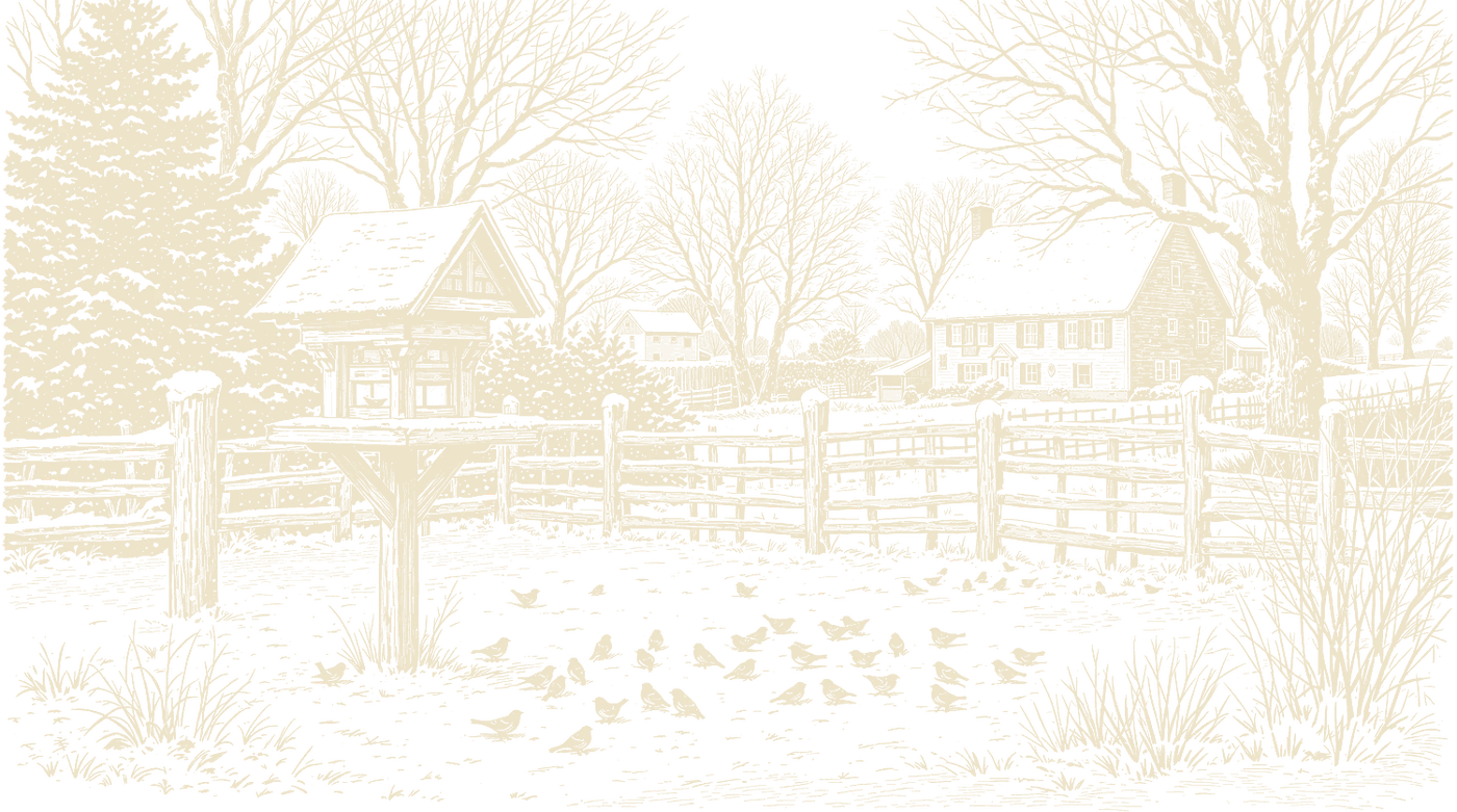 Woodcut of a snowy farmyard with a feeder on a post and birds on the ground